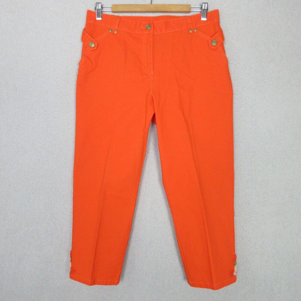 Lark Lane Pants Womens Petite 10P‎ Orange Cropped Embellished Hem Cotton Stretch